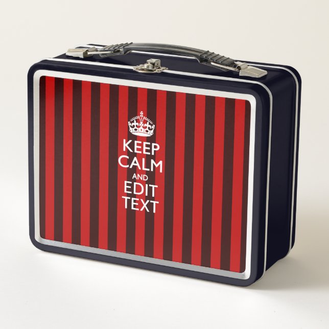 Personalised Keep Calm Your Text Red Stripes Decor Metal Lunch Box (Front)