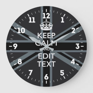 Personalised Keep Calm Your Text UK Flag Black Large Clock
