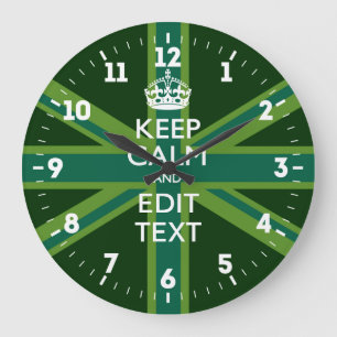 Personalised Keep Calm Your Text UK Flag Green Large Clock