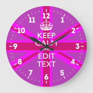 Personalised Keep Calm Your Text UK Flag Pink Large Clock