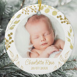 Personalised Keepsake Baby Christmas Photo Ceramic Ornament<br><div class="desc">Commemorate your baby's arrival with this unique keepsake photo ornament.
It is decorated with hand-painted gold foliage and berries. 
Easily customisable with your photo,  name,  and date.
Original Watercolor © Michele Davies.</div>