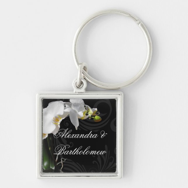 Personalised Keepsake Black & White Orchid Design Key Ring (Front)