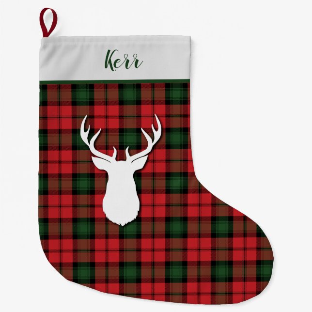 Personalised Kerr Tartan Green Red Plaid Large Christmas Stocking (Front)