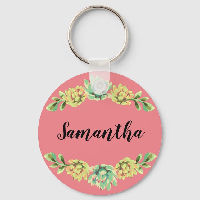Personalised Key Chain Bohemian Cactus Succulents (Front)