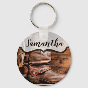 Personalised Key Chain Cowboy Boots Barn Wood Rust