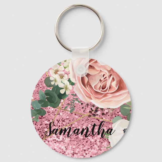 Personalised Key Chain Geometric Garden Rose Glitt (Front)