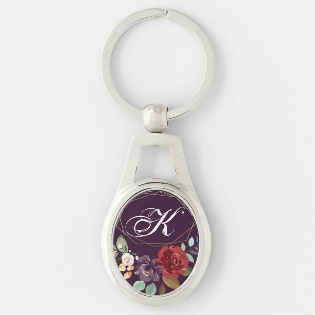 Personalised Key Chain Plum Purple Roses Gold Geom (Front)