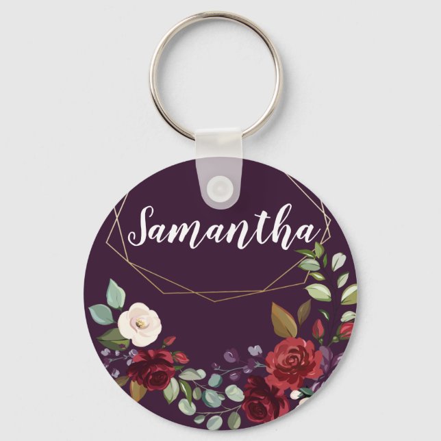 Personalised Key Chain Plum Purple Roses Gold Geom (Front)