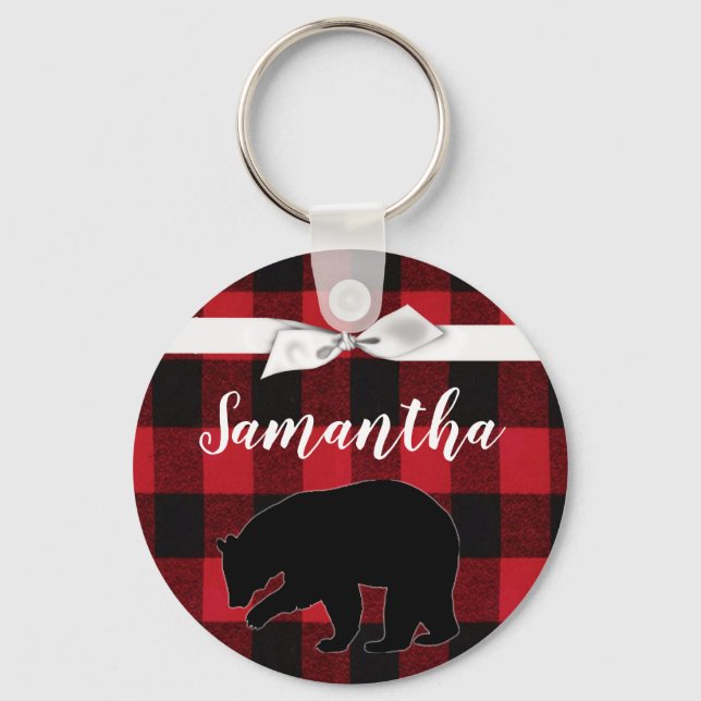 Personalised Key Chain Red Buffalo Plaid Bear Blac (Front)