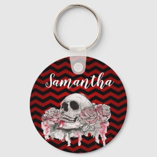 Personalised Key Chain skull Rose goth Chevron bla