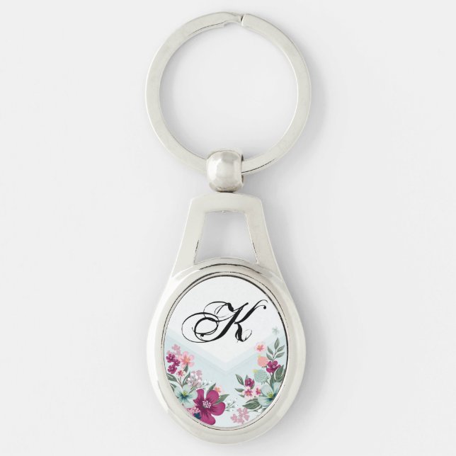 Personalised Key Chain Tropical Flower on Blue Omb (Front)