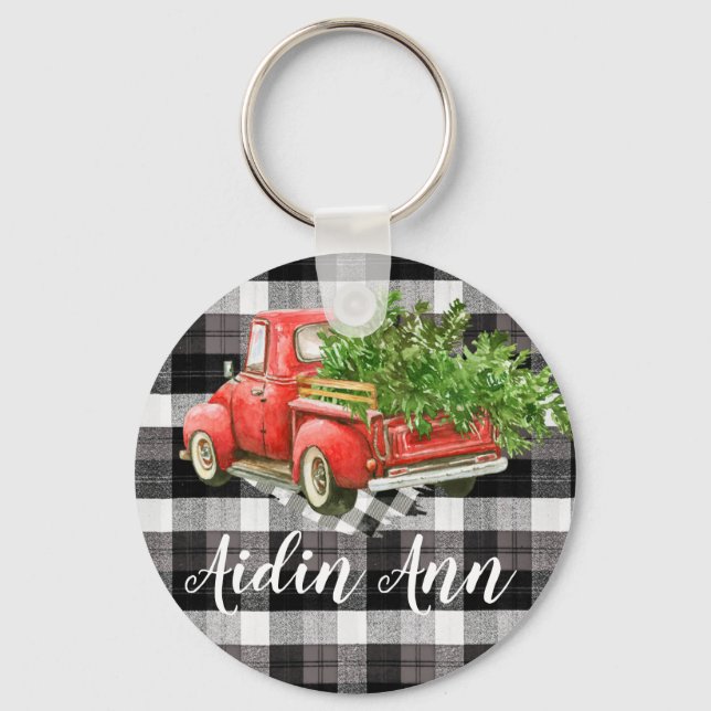 Personalised Key Chain XMAS Truck Buffalo Plaid (Front)