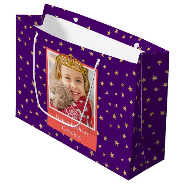 Personalised Kid Photo Happy Birthday Gold Crown Large Gift Bag (Front Angled)