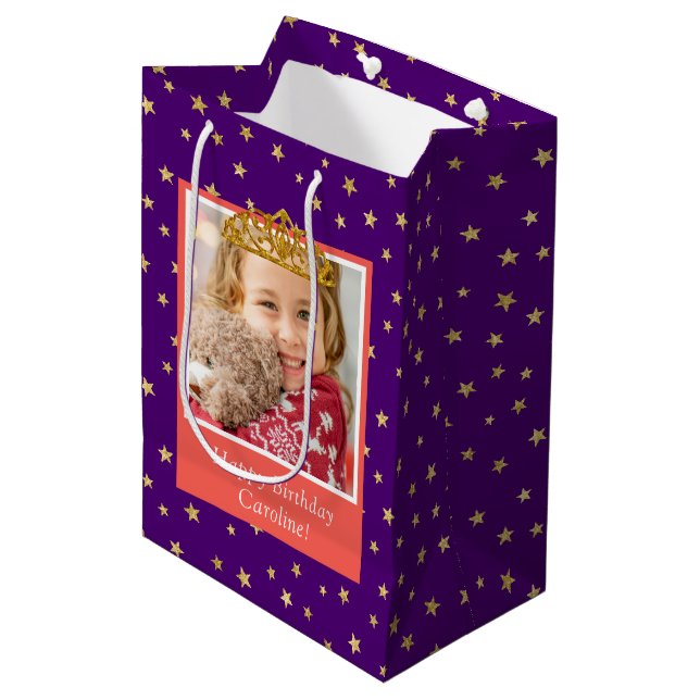 Personalised Kid Photo Happy Birthday Gold Crown Medium Gift Bag (Front Angled)
