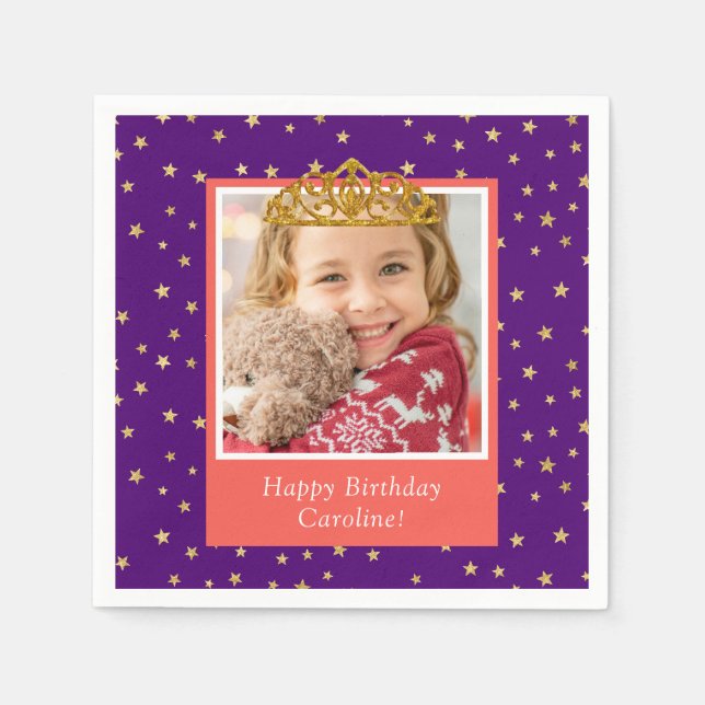 Personalised Kid Photo Happy Birthday Gold Crown Napkin (Front)