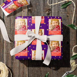Personalised Kid Photo Happy Birthday Gold Crown Wrapping Paper