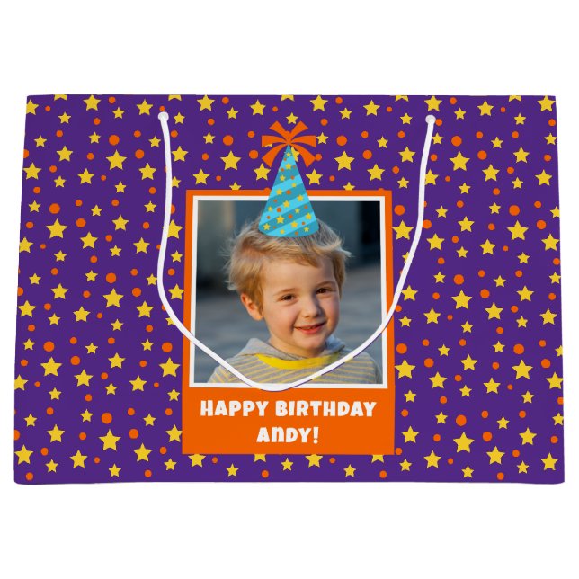 Personalised Kid Photo Happy Birthday w/ Blue Hat Large Gift Bag (Front)
