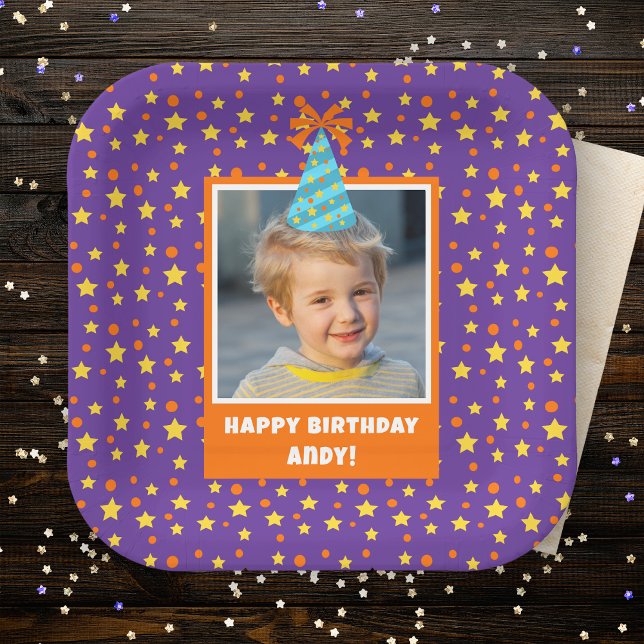 Personalised Kid Photo Happy Birthday w/ Blue Hat Paper Plate (Creator Uploaded)