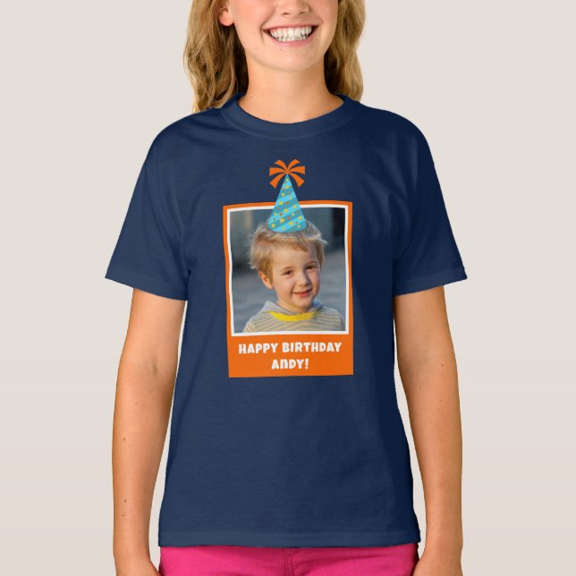 Personalised Kid Photo Happy Birthday w/ Blue Hat T-Shirt (Front)