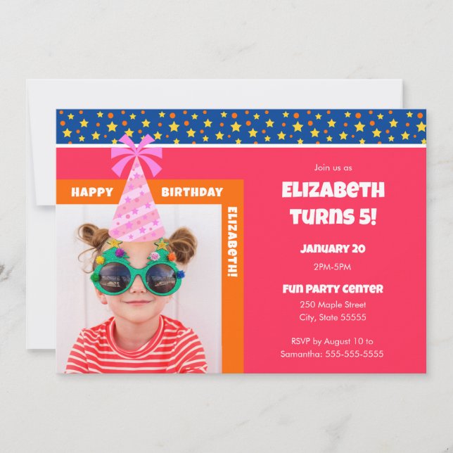 Personalised Kid Photo Happy Birthday w/ Pink Hat Invitation (Front)