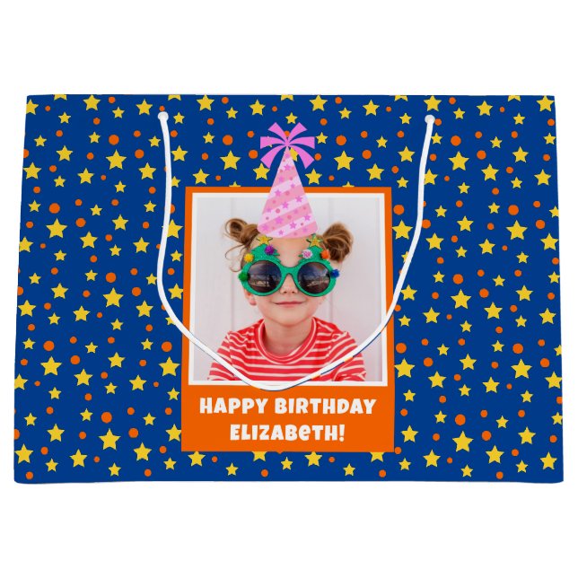 Personalised Kid Photo Happy Birthday w/ Pink Hat Large Gift Bag (Front)