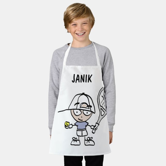 Personalised kid's apron with cute tennis cartoon (Worn)