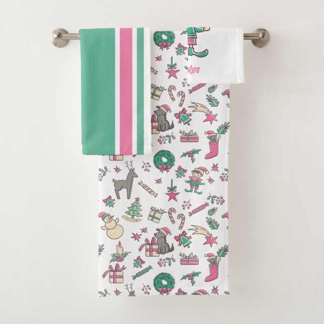 Personalised Kids Bathroom Decor Holiday Christmas Bath Towel Set (Insitu)