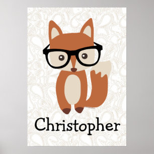 Personalised Kids Boys Name Baby Fox w/Glasses Poster