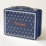 Personalised Kids Boys Name Gold Stars Blue School Metal Lunch Box<br><div class="desc">Create your own custom, personalised, fun orange typography / script / font monogram monogrammed, modern cool chic stylish, faux gold golden stars pattern design background, adorable, durable food safe tin plate, food contact safe interior material, classic style kids girls boys metal school lunch box with collapsible black plastic handles. Simply...</div>