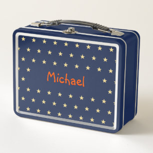 Personalised Kids Boys Name Gold Stars Blue School Metal Lunch Box