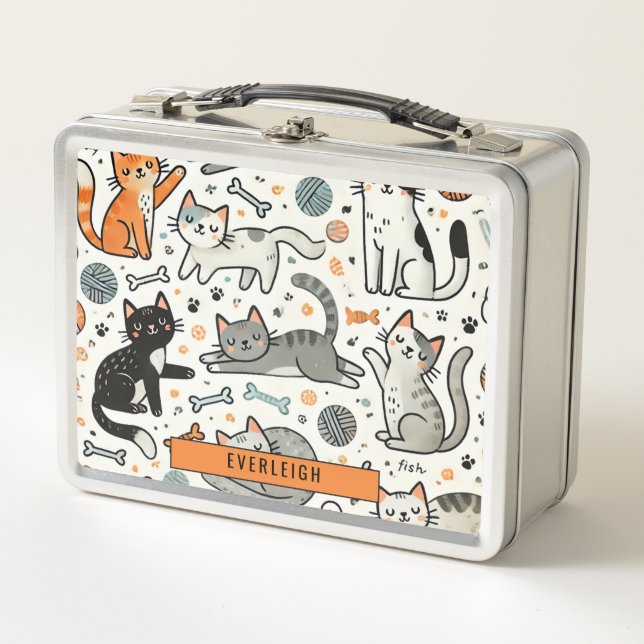 Personalised Kid's Cats And Yarn Metal Lunch Box (Front)