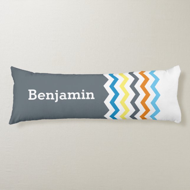 Personalised Kids Chevron Grey Blue Orange Yellow Body Cushion (Front)