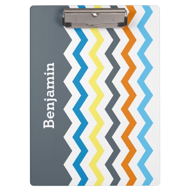 Personalised Kids Chevron Grey Blue Orange Yellow Clipboard (Front)