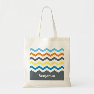 Personalised Kids Chevron Grey Blue Orange Yellow Tote Bag