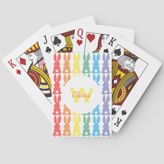 Personalised Kids Cute Rainbow Bunny Silhouette Playing Cards (Back)
