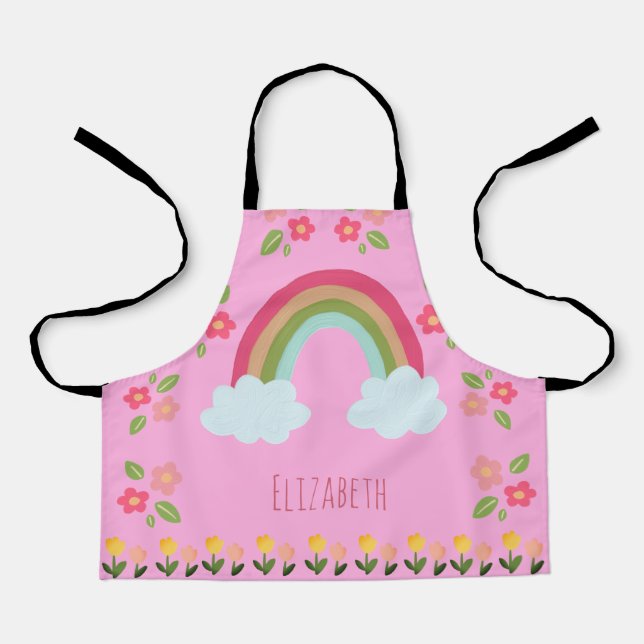 Personalised Kids Cute rainbow girl pink Floral Apron (Front)