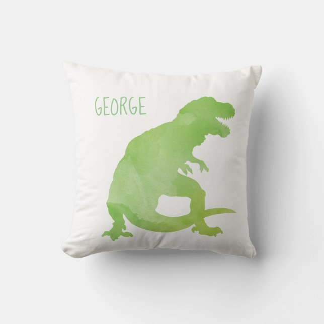 Personalised Kids Dinosaur Green Watercolor Boys Cushion (Front)