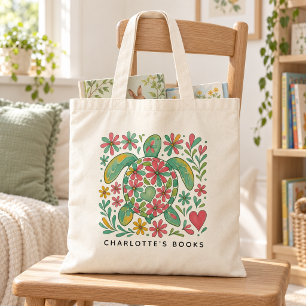 Personalised Kids’ Floral Turtle Library Tote Bag