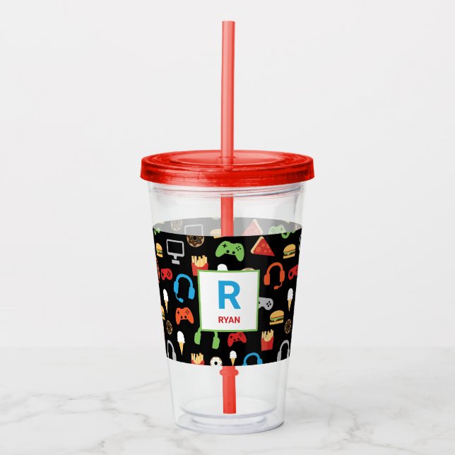 Personalised Kids Gamer Pattern Video Game Food Acrylic Tumbler (Front)