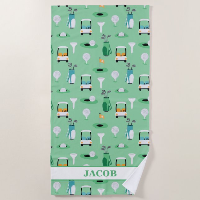 Personalised Kids Golfer Golfcart Golfing Sporty Beach Towel (Front)