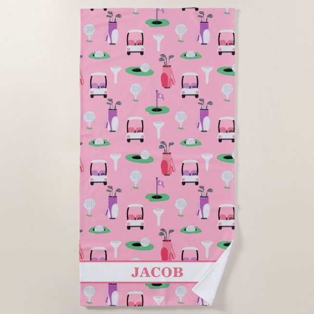 Personalised Kids Golfer Golfcart Golfing Sporty Beach Towel (Front)