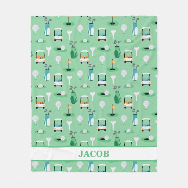Personalised Kids Golfer Golfcart Golfing Sporty Fleece Blanket (Front)