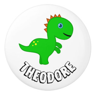 Personalised kids green dino drawer handle ceramic knob