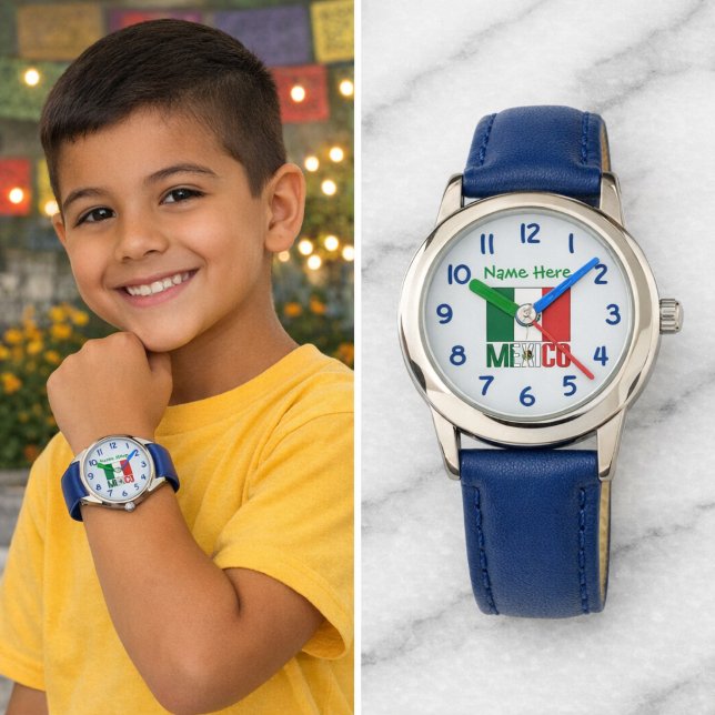 Personalised Kids Mexico Flag Blue Face Watch (Personalized kid's watch with Mexican Flag, MEXICO below in flag colors. Add name above in green.)
