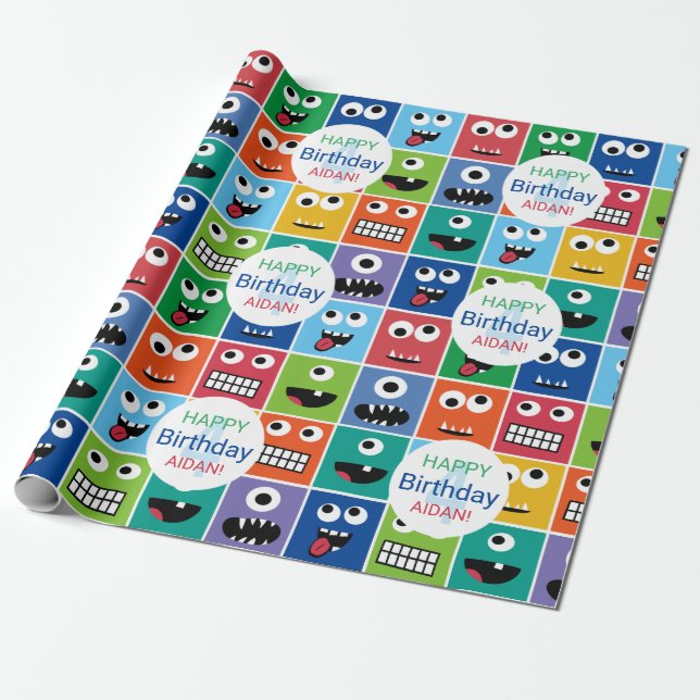 Personalised Kids Monster Birthday Party Add Age Wrapping Paper (Unrolled)