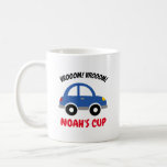 Personalised kid's mug with cute toy car for boy<br><div class="desc">Personalised kid's mug with cute blue toy car for boy. Funny drinking cup for children. Custom drinkware with custom name of child. Automotive vehicle design. Double sided print. Vroom! Vrooom! Birthday or Chritsmas gift idea for son,  grandson,  nephew,  stepson etc.</div>