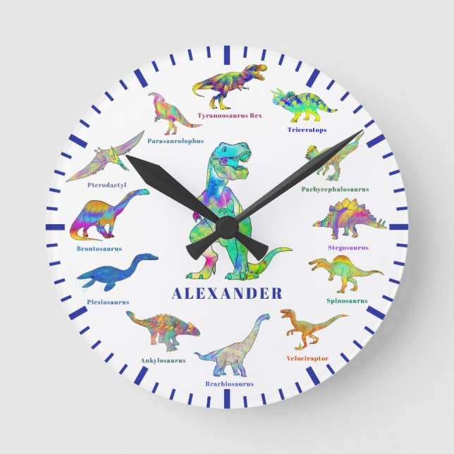 Personalised Kids Name Colourful Cute Dinosaurs Round Clock (Front)