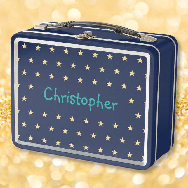 Personalised Kids Name Gold Stars Boys Blue School Metal Lunch Box (Personalized Kids Name Gold Stars Boys Blue School Metal Lunch Box)