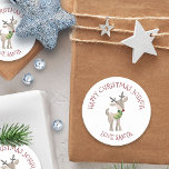 Personalised Kids Name Love Santa  | Reindeer Classic Round Sticker<br><div class="desc">Personalised stickers from santa. Cute kids design with a red nosed reindeer and whimsical typography. The wording reads "happy christmas [child's name] love santa" and the template is set up for you to personalise with your child's name.</div>