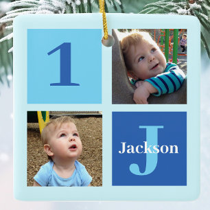 Personalised Kids Photo Collage Blue Christmas Ceramic Ornament